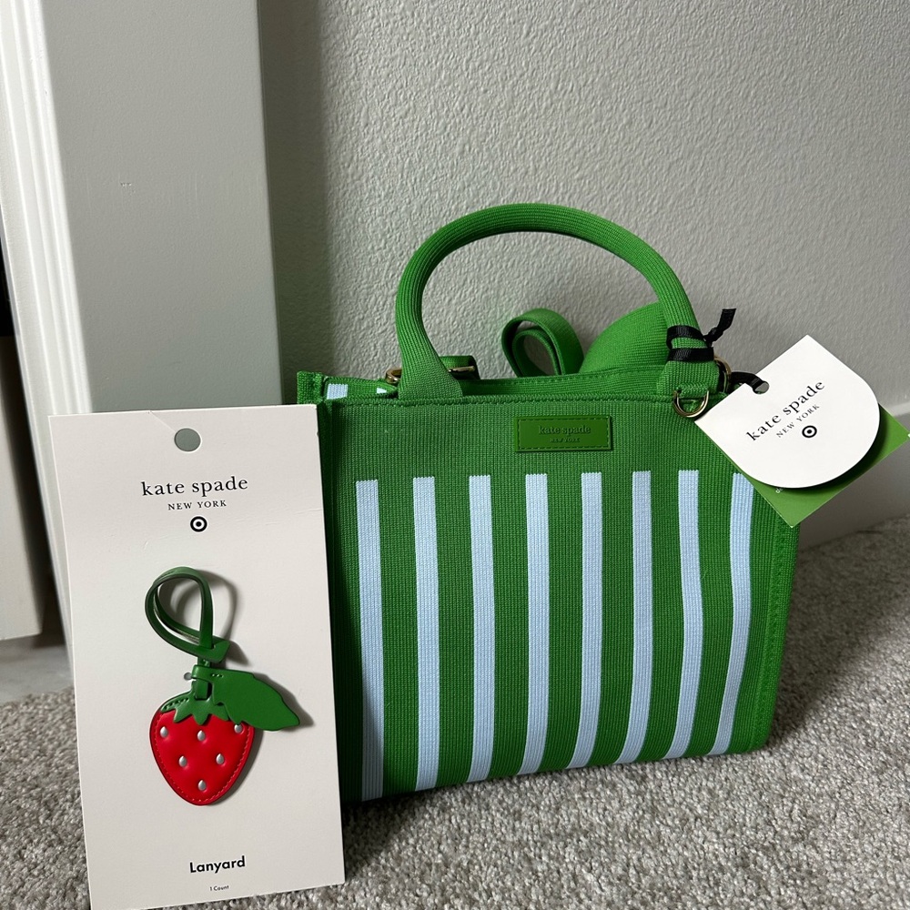 New! Kate Spade x Target Stripe Knit Crossbody Green/BlueTote NWT + Strawberry